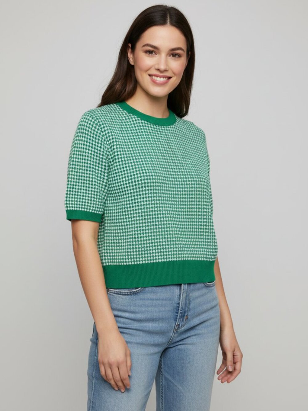 ☀️ Anne Klein Green and White Houndstooth Crewneck Top